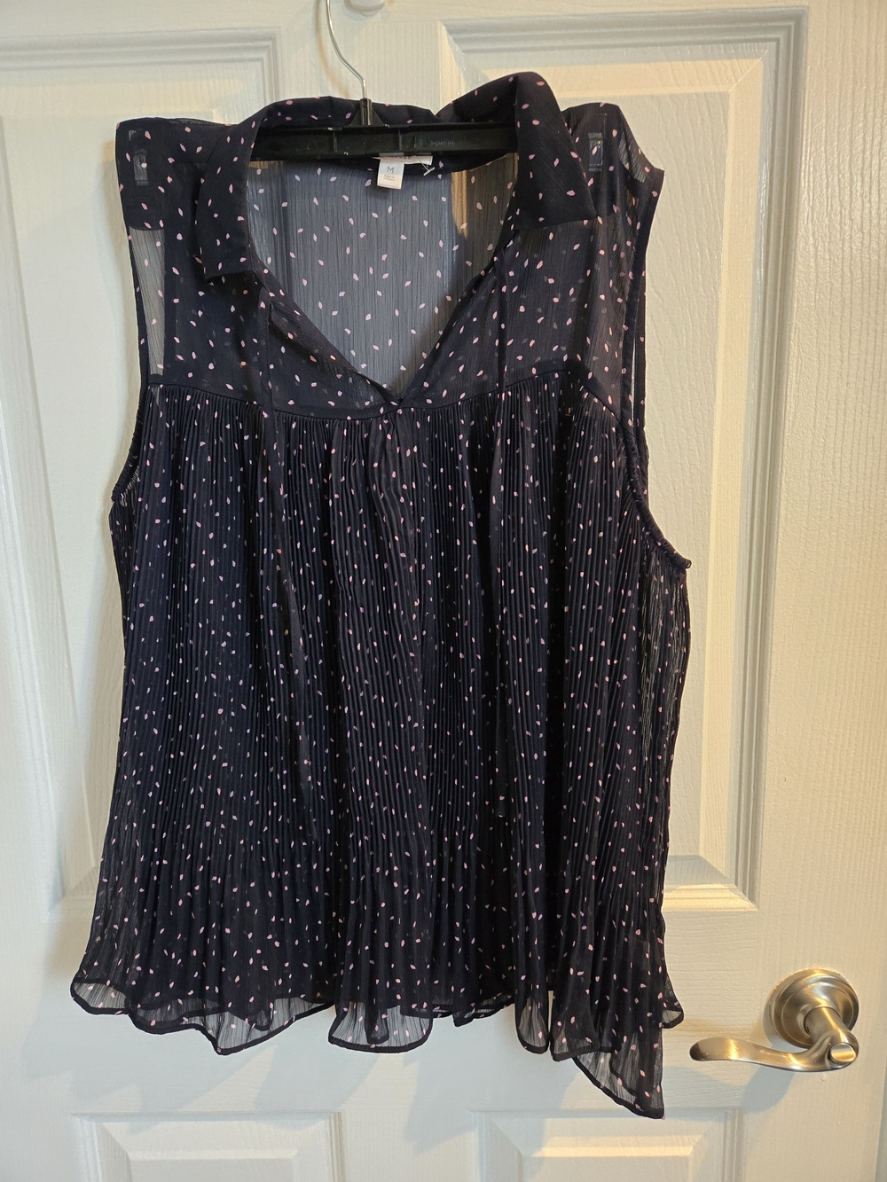 LC Lauren Conrad Navy Sleeveless Pleated Blouse with Pink Dot Print